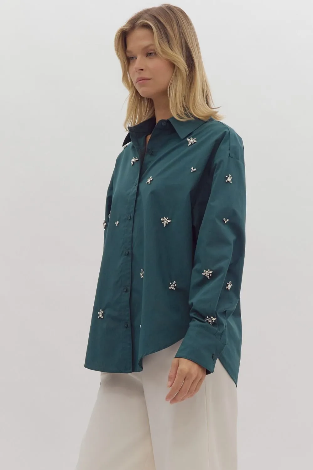 Green Bedazzled Boyfriend Blouse