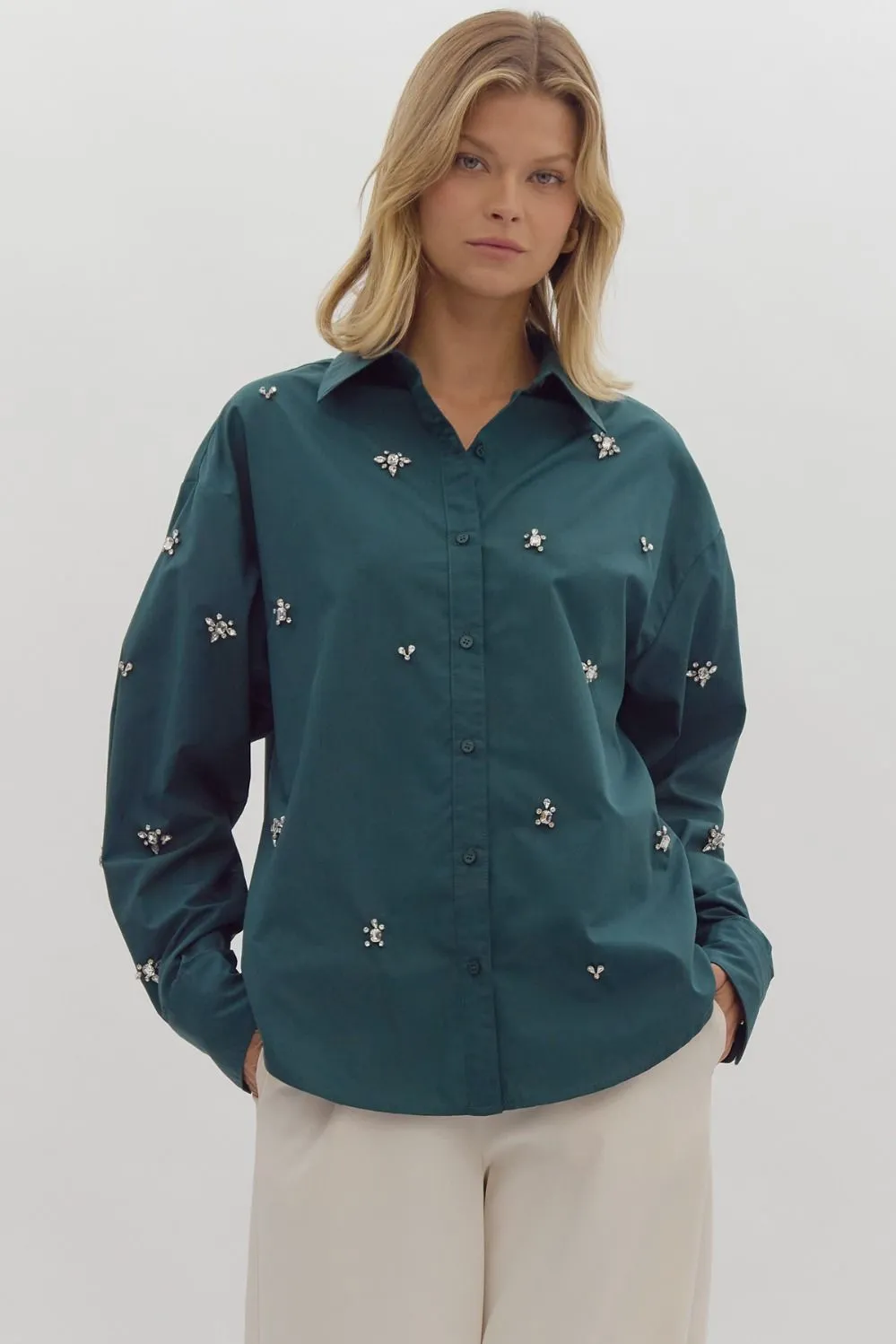 Green Bedazzled Boyfriend Blouse