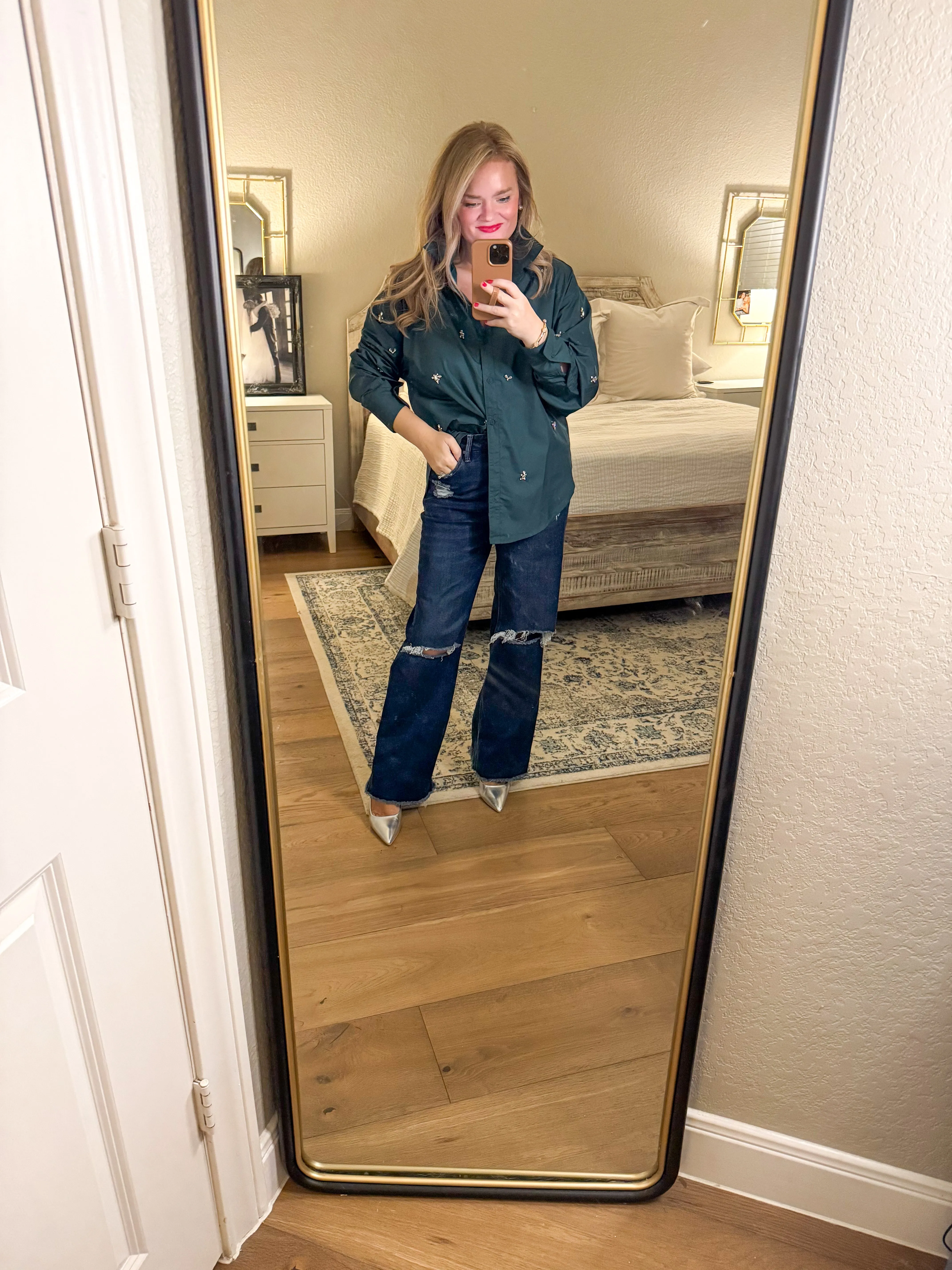 Green Bedazzled Boyfriend Blouse