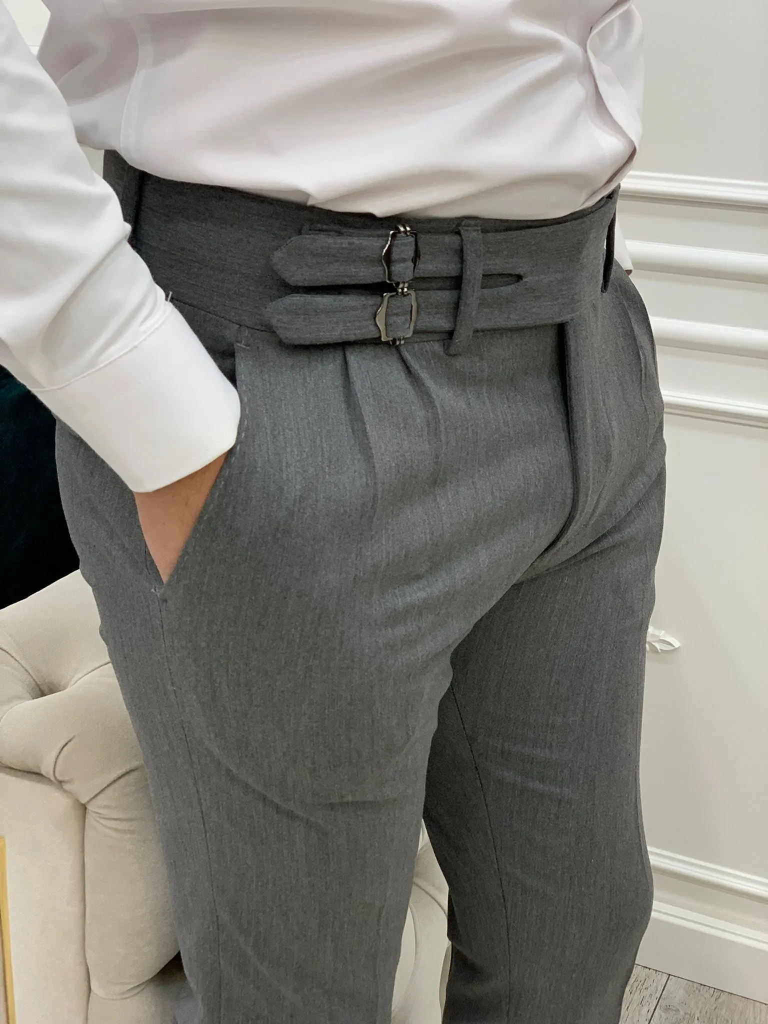 Grey Buckled Canvas Trousers for Every Occasion