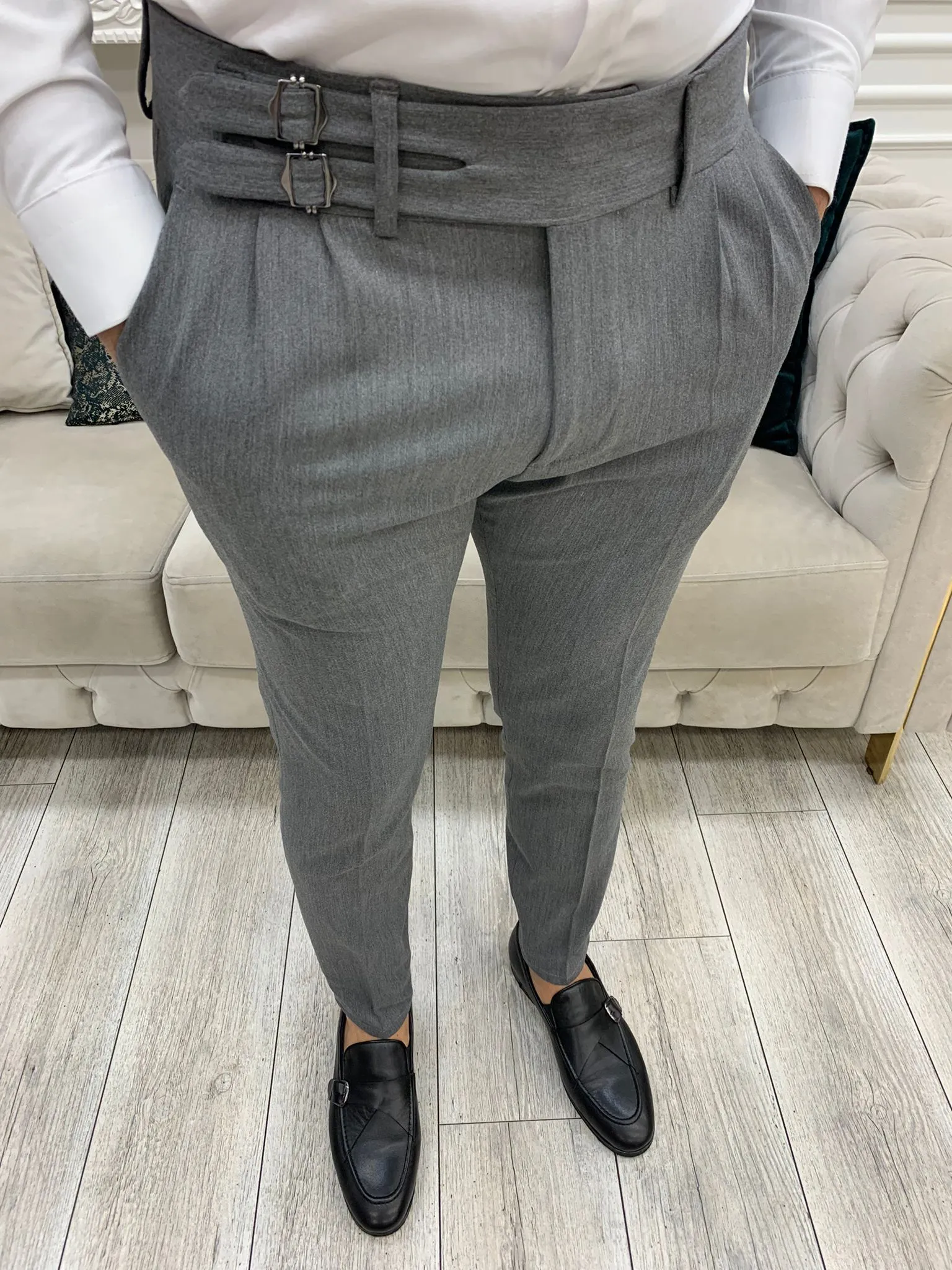 Grey Buckled Canvas Trousers for Every Occasion
