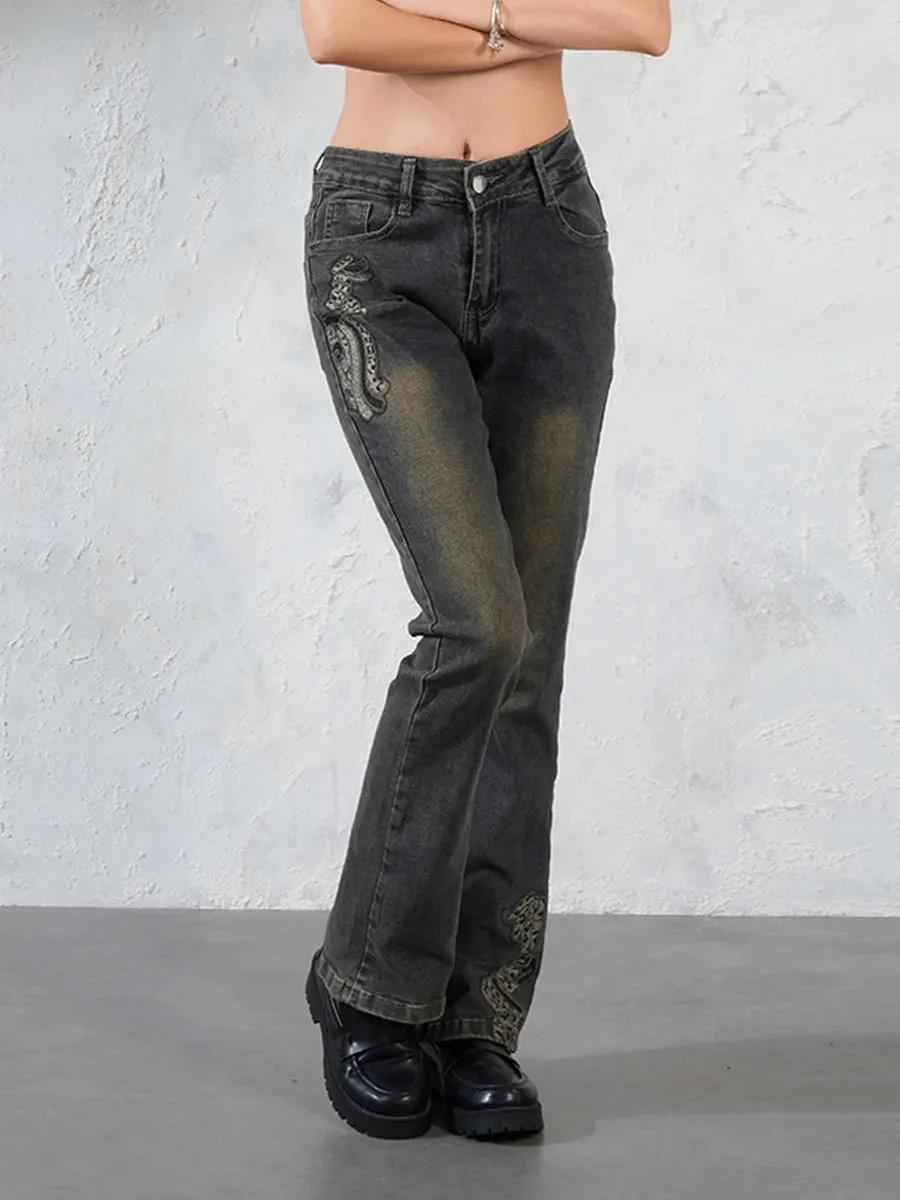 Grunge Fairycore Embroidered Jeans