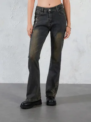 Grunge Fairycore Embroidered Jeans