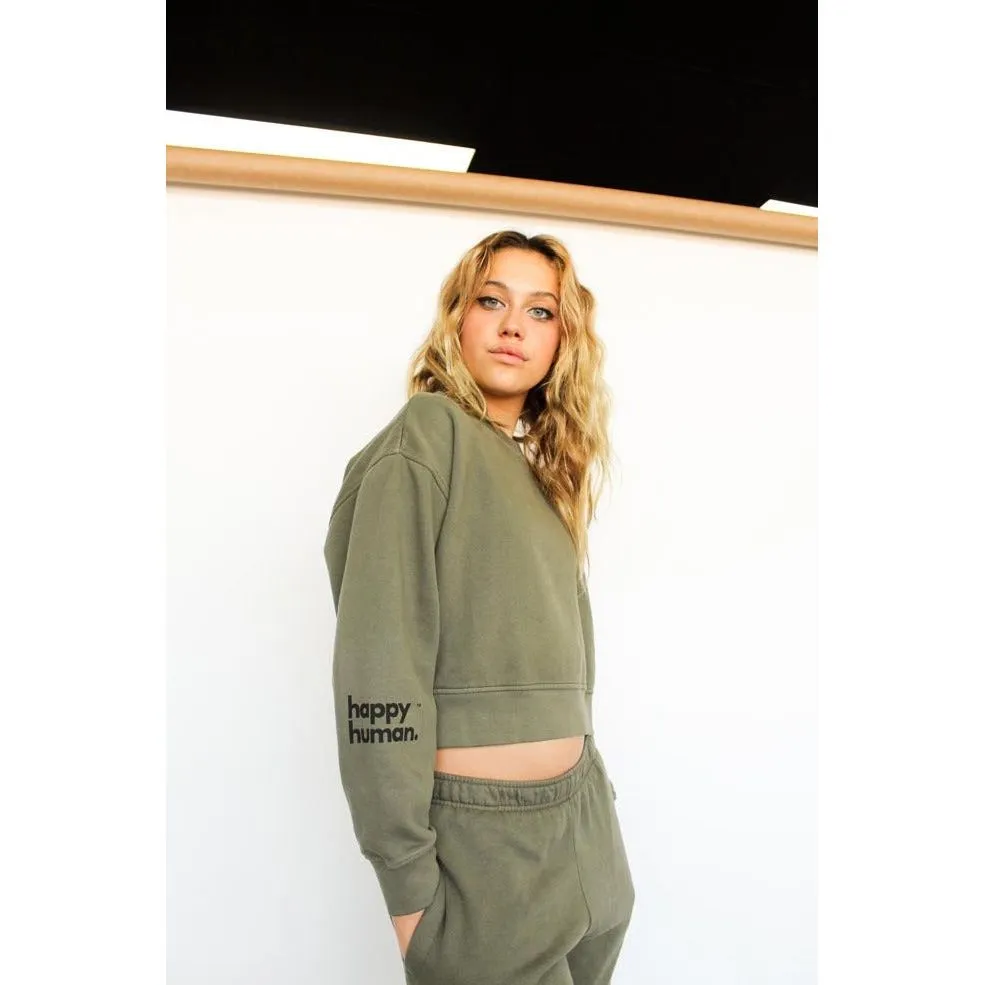 Happy Human Cropped Sweatshirt | Army Green | Women & Youth 10 