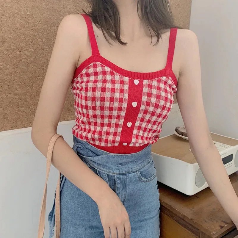 Heart Button With Plaid Sexy Knitted Crop Tops