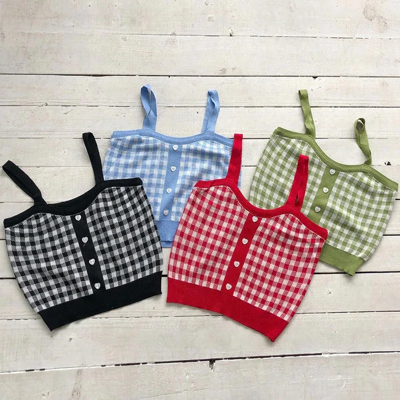 Heart Button With Plaid Sexy Knitted Crop Tops