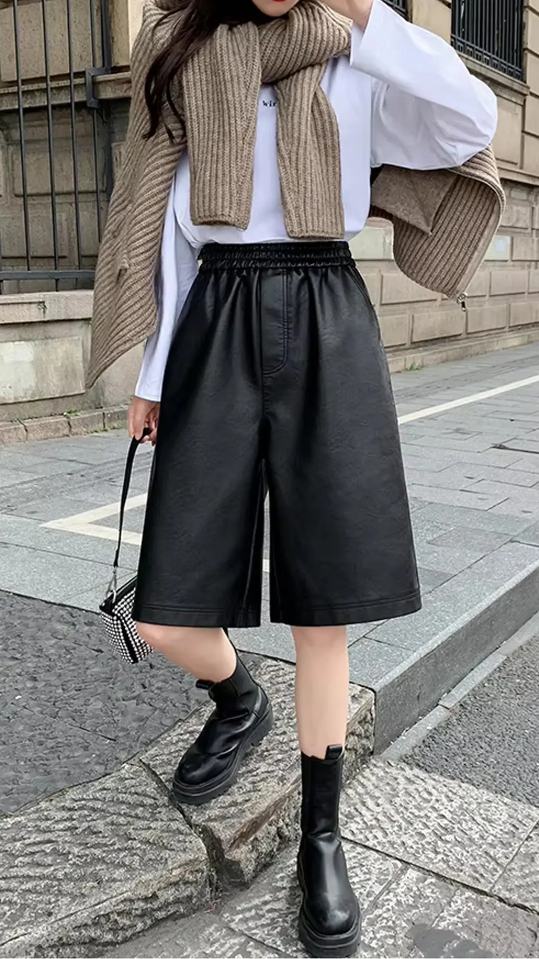 High Waist Elastic Casual Leather Shorts