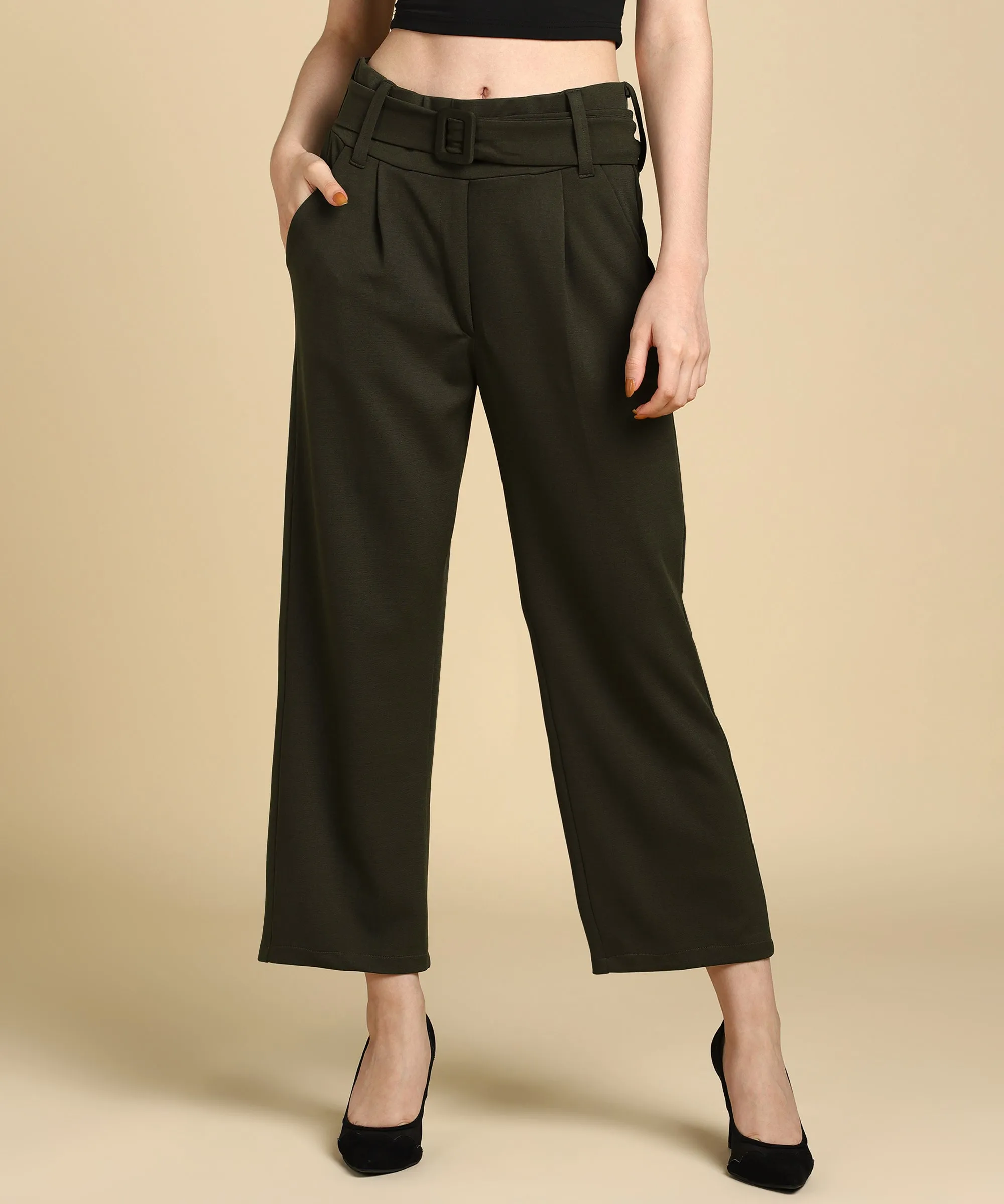 High Waist Formal Wide Leg Parallel Trouser with Belt