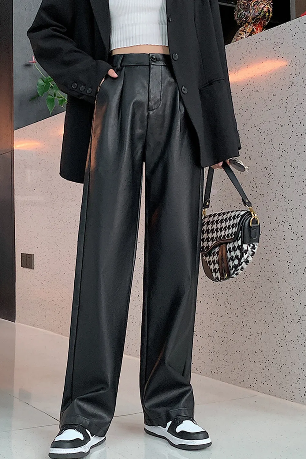 High Waist Loose Leather Pants
