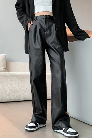 High Waist Loose Leather Pants