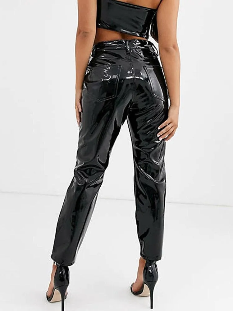 High Waist Pencil Shiny Patent Leather Buttom Zipper Bodycon Pants