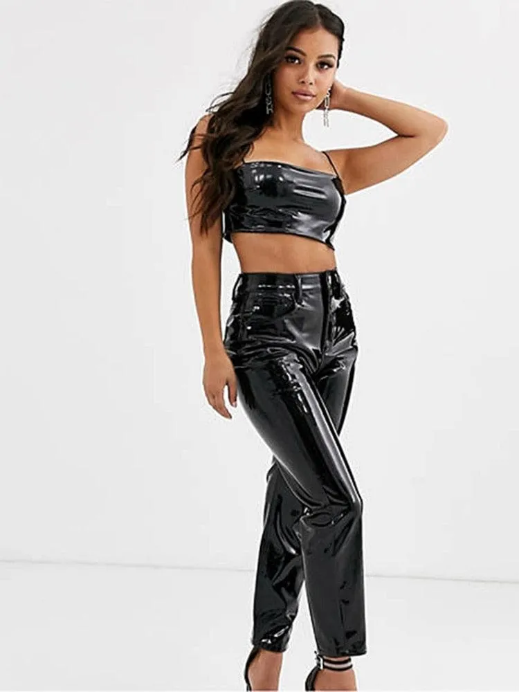 High Waist Pencil Shiny Patent Leather Buttom Zipper Bodycon Pants