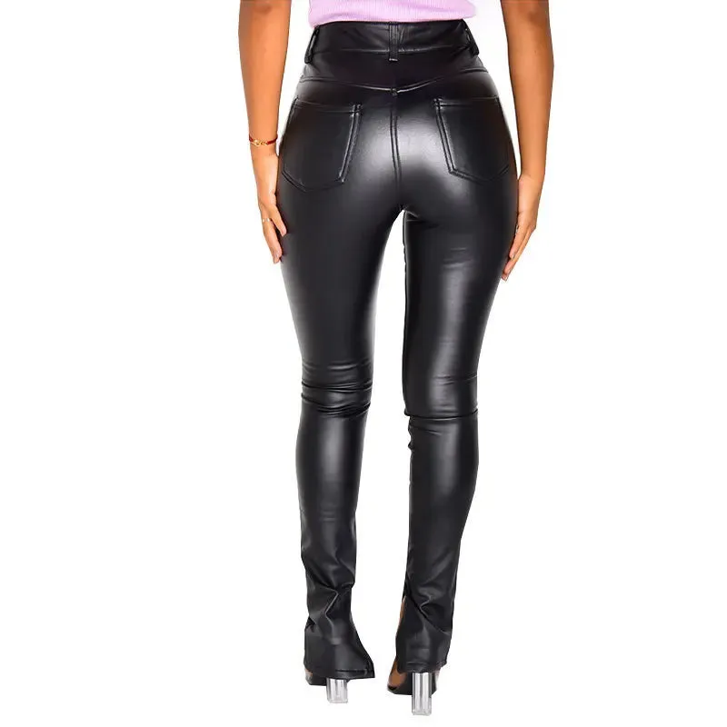 High-Waisted Black PU Leather Pants – Slim Fit with Push-Up Effect