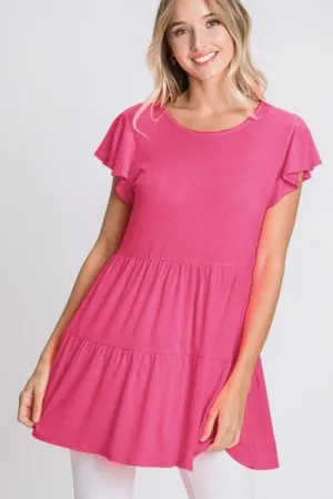 Hot Pink Tiered Round Neck Ruffle Sleeve Top