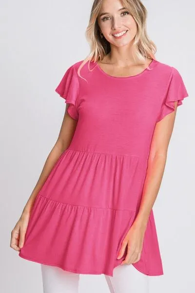 Hot Pink Tiered Round Neck Ruffle Sleeve Top