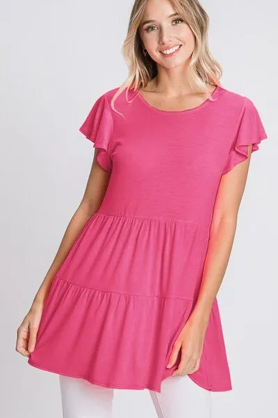 Hot Pink Tiered Round Neck Ruffle Sleeve Top
