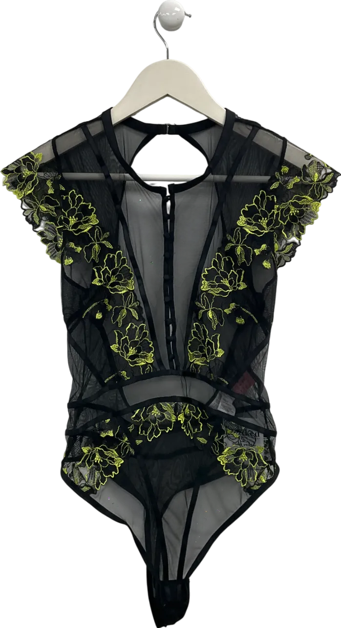 hunkemoller Black Embroidered Floral Bodysuit UK 8