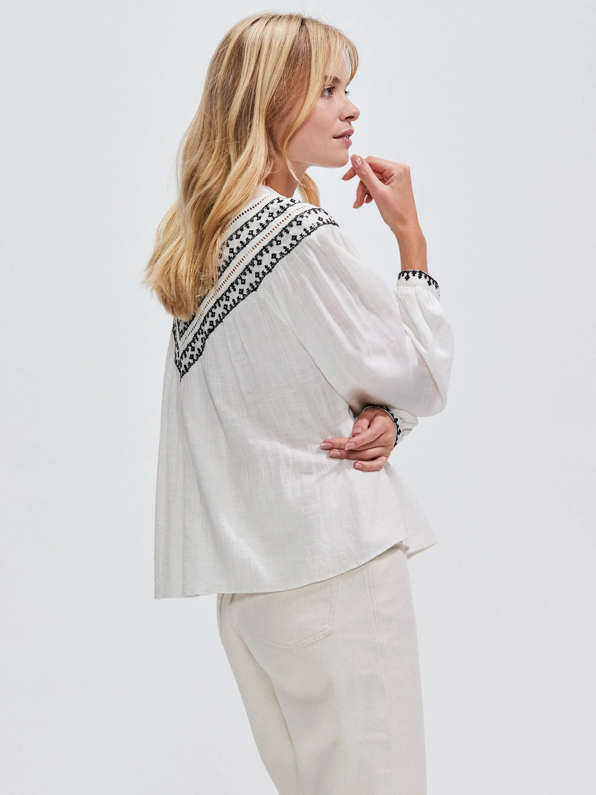 Ivory Embroidered Collarless Blouse