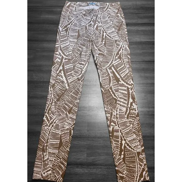 J McLaughlin Lexi Slim Stretch Jeans Womens Sz 2 Brown White Leaf Print NWOT