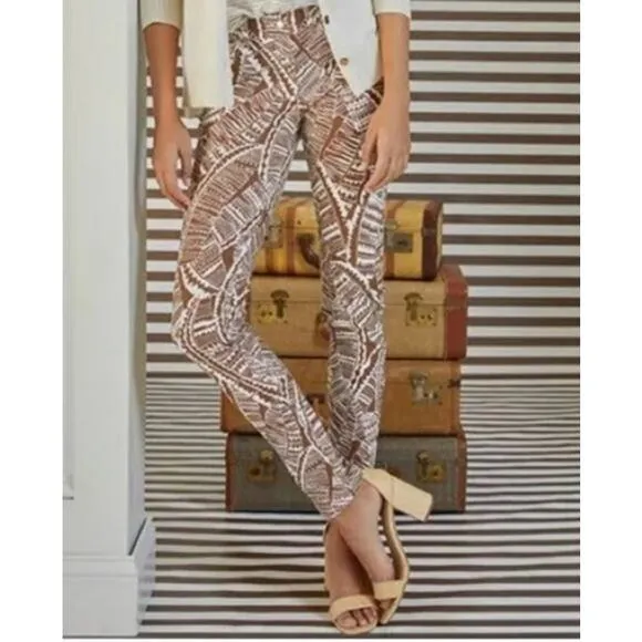 J McLaughlin Lexi Slim Stretch Jeans Womens Sz 2 Brown White Leaf Print NWOT