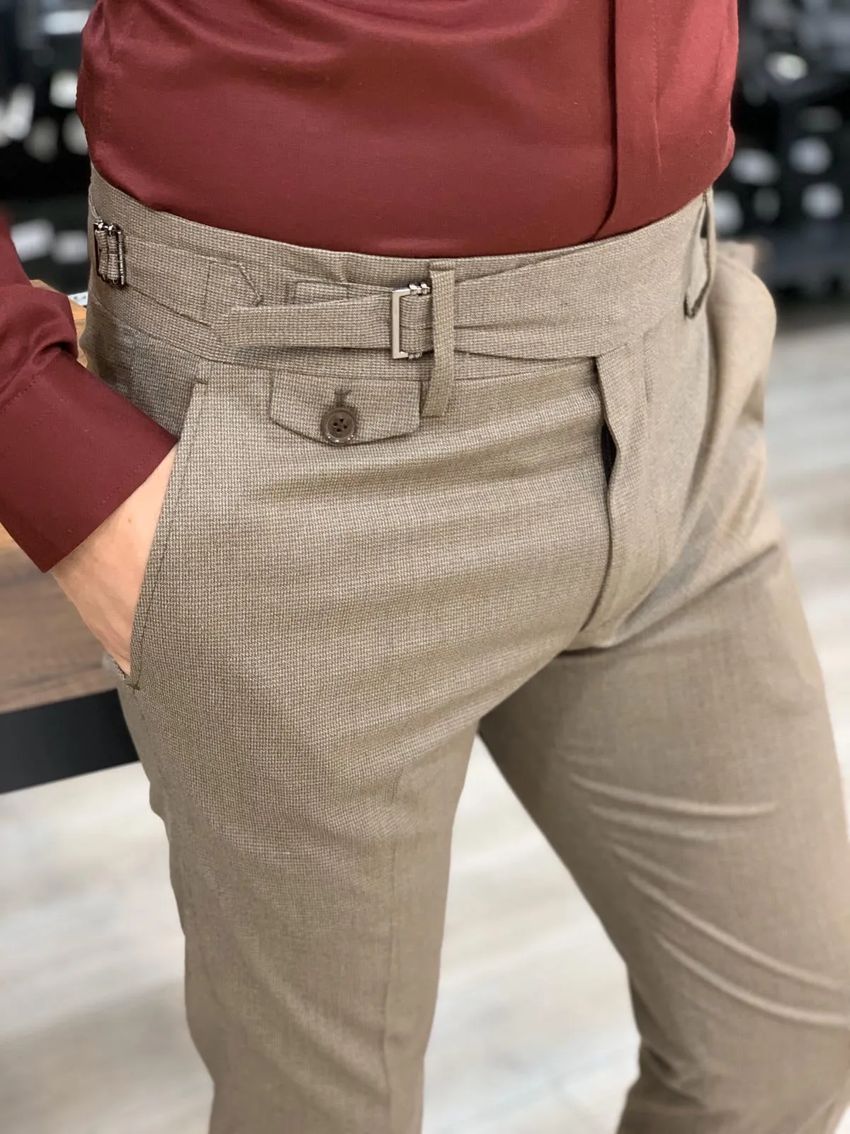 Jake Light Brown Pleated Buckled Slim Pants