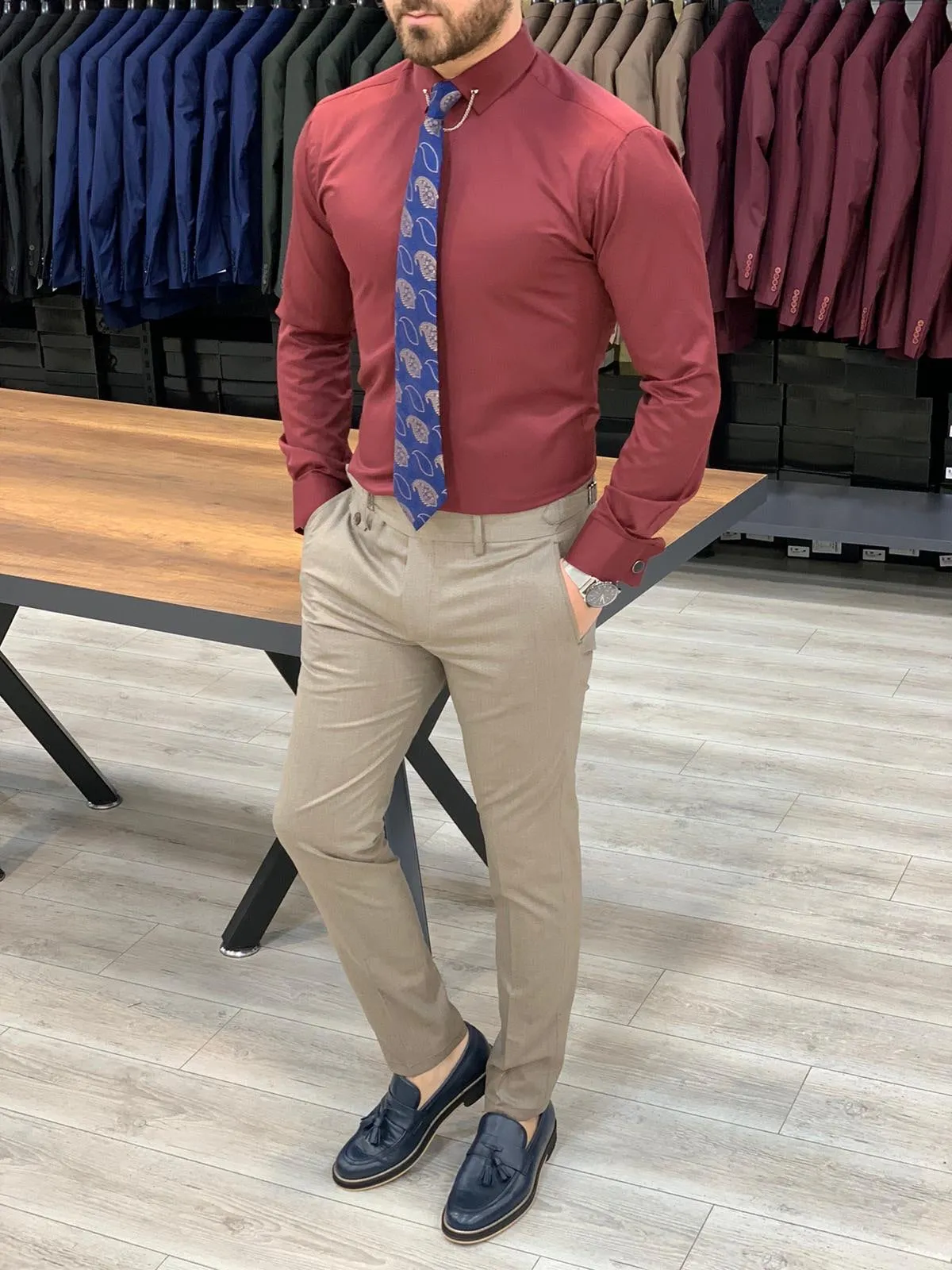 Jake Light Brown Pleated Buckled Slim Pants