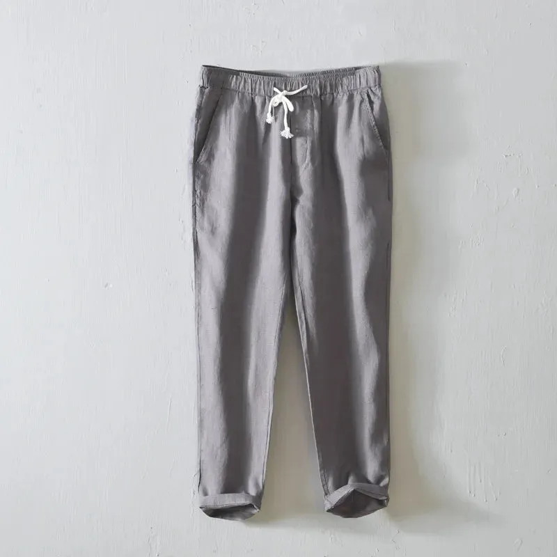 Japanese Style Solid Color Linen Pants: Breathable and Stylish Cropped Trousers for Men