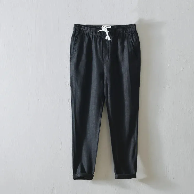 Japanese Style Solid Color Linen Pants: Breathable and Stylish Cropped Trousers for Men