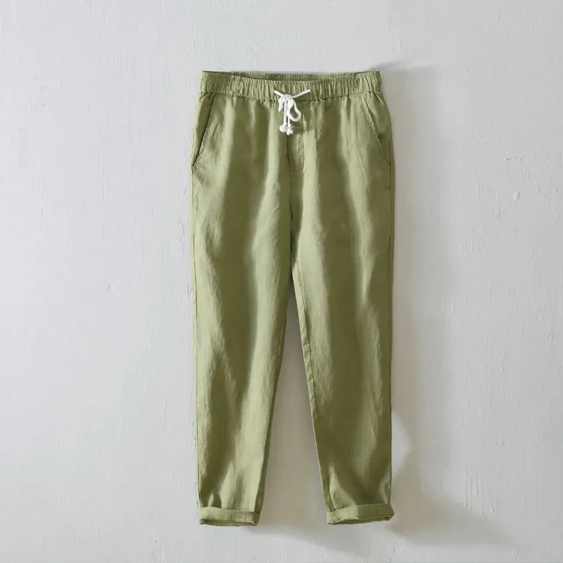 Japanese Style Solid Color Linen Pants: Breathable and Stylish Cropped Trousers for Men