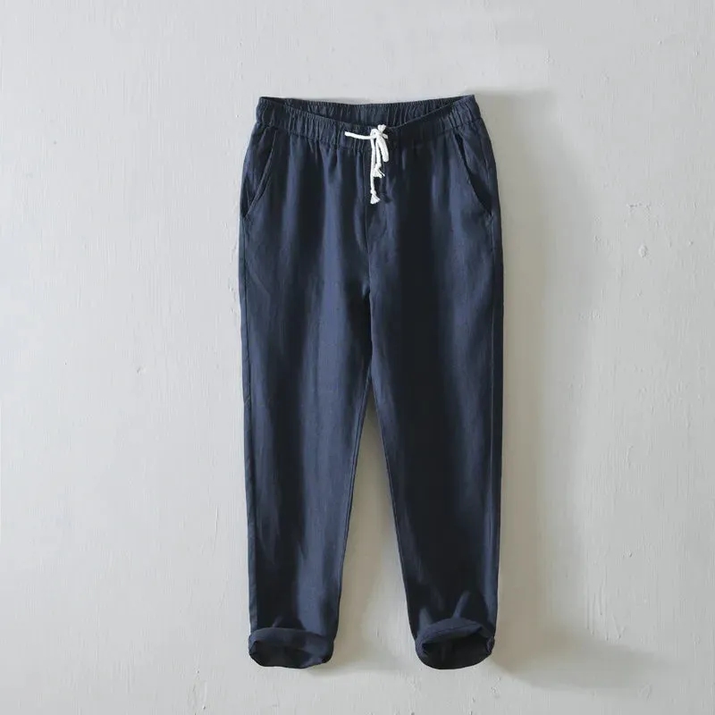 Japanese Style Solid Color Linen Pants: Breathable and Stylish Cropped Trousers for Men