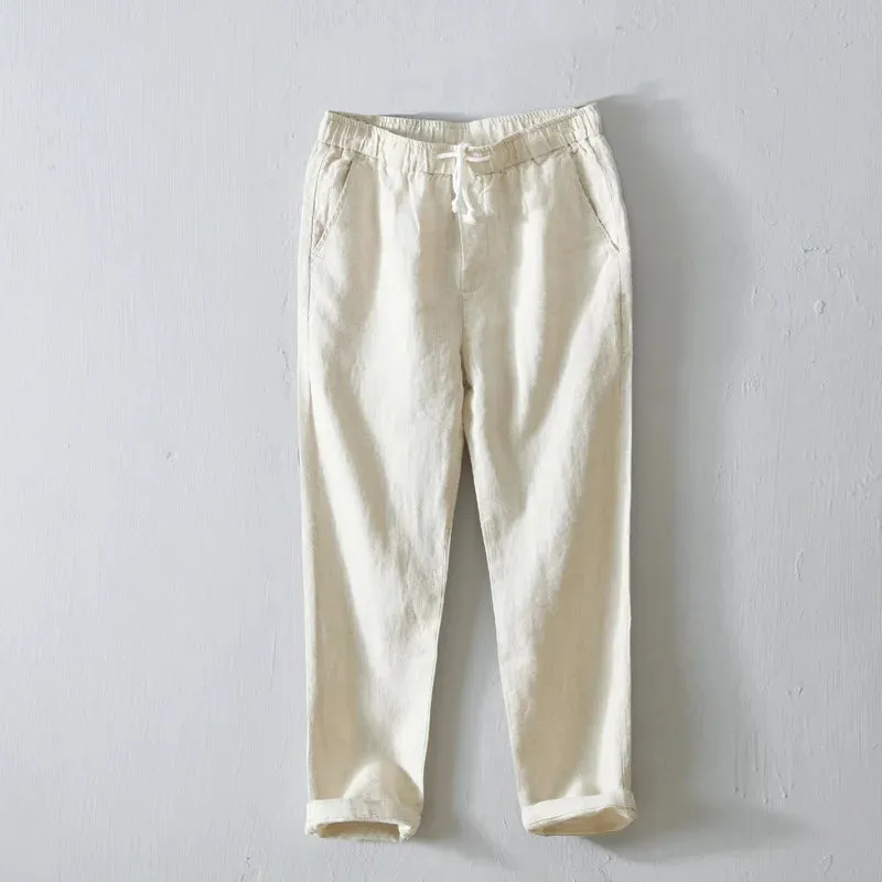 Japanese Style Solid Color Linen Pants: Breathable and Stylish Cropped Trousers for Men