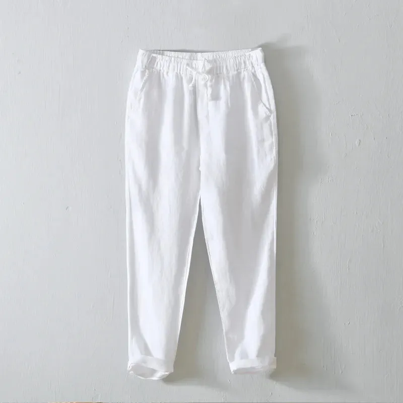 Japanese Style Solid Color Linen Pants: Breathable and Stylish Cropped Trousers for Men
