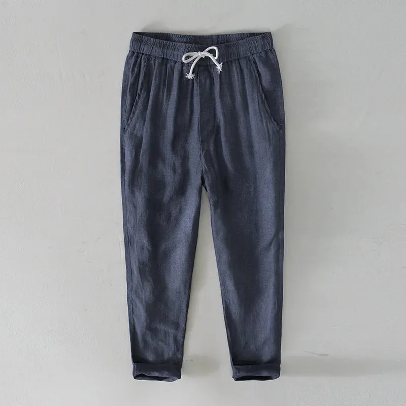 Japanese Style Solid Color Linen Pants: Breathable and Stylish Cropped Trousers for Men