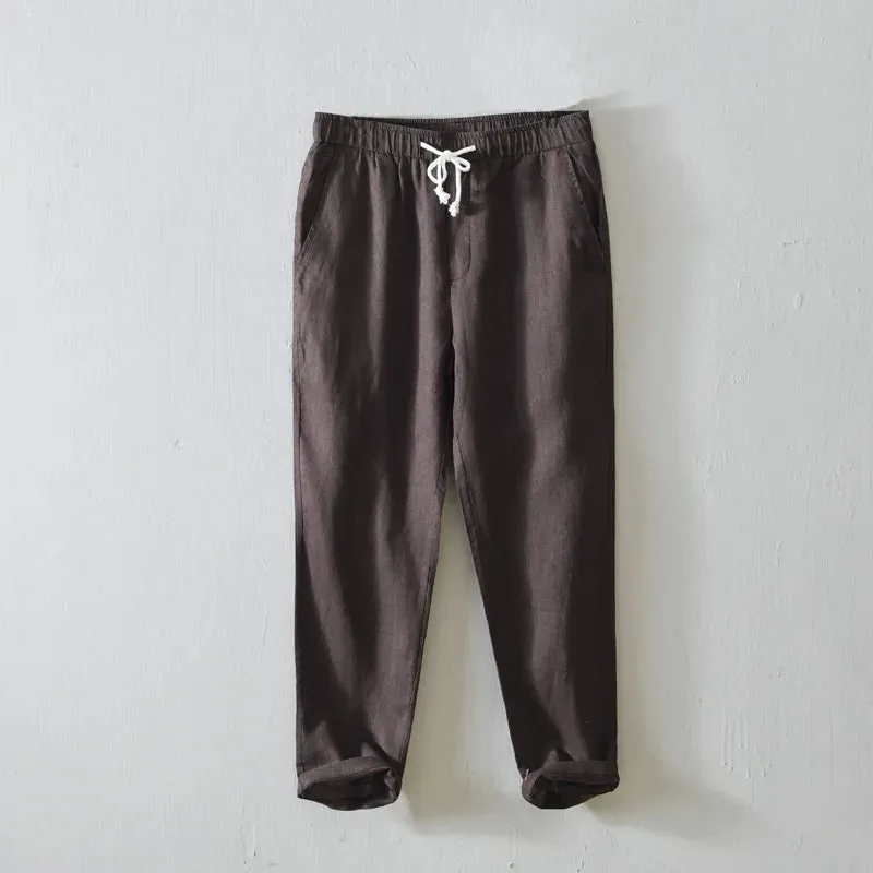 Japanese Style Solid Color Linen Pants: Breathable and Stylish Cropped Trousers for Men