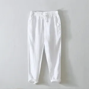 Japanese Style Solid Color Linen Pants: Breathable and Stylish Cropped Trousers for Men