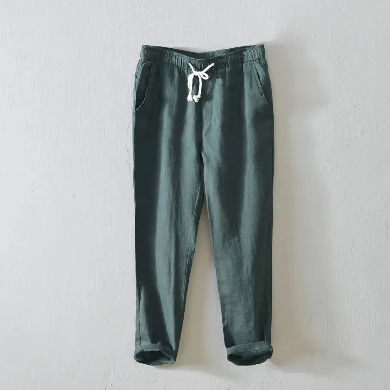 Japanese Style Solid Color Linen Pants: Breathable and Stylish Cropped Trousers for Men