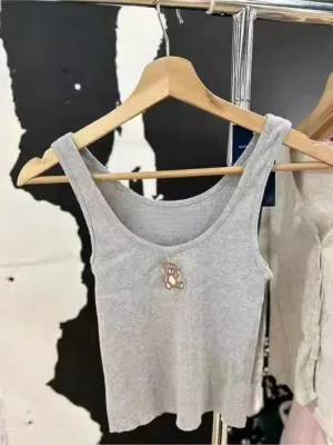 JazzHer Little Bear Embroidered Ribbed Tank Top American Vintage Slim Underlay Sleeveless Tops Women Summer Casual Women's Sling Y2k