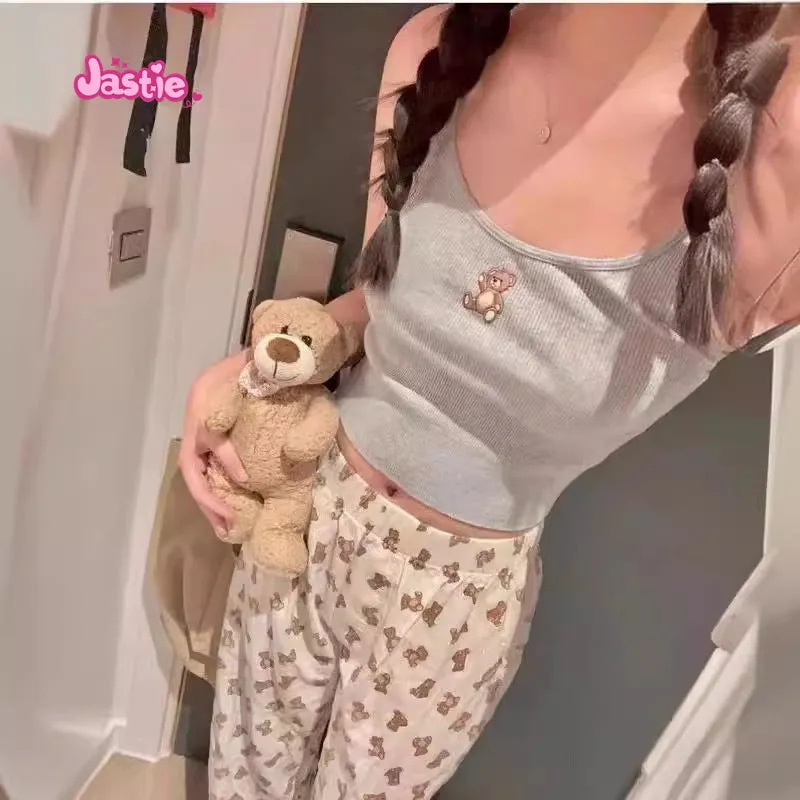 JazzHer Little Bear Embroidered Ribbed Tank Top American Vintage Slim Underlay Sleeveless Tops Women Summer Casual Women's Sling Y2k