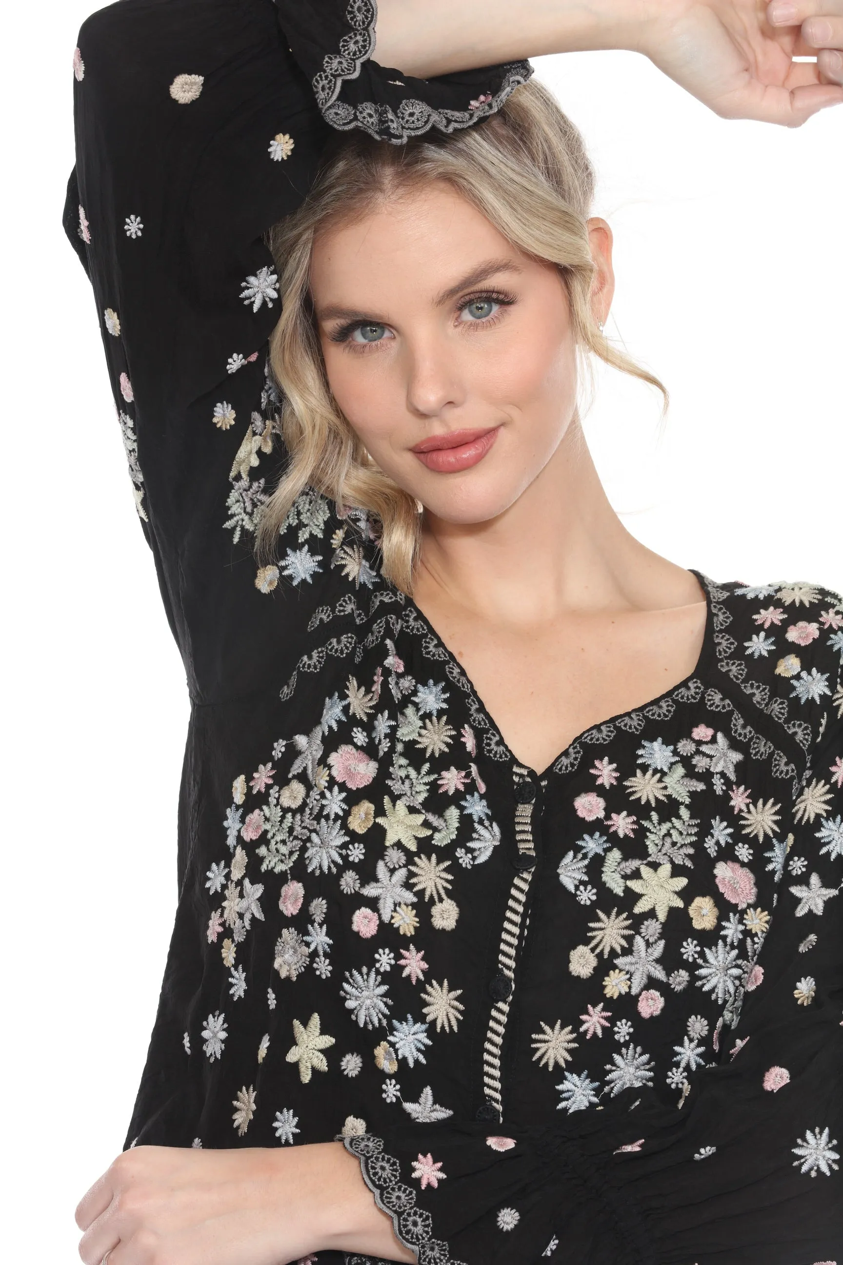 Johnny Was Black Floral Embroidered Button Front Blouse JW1122