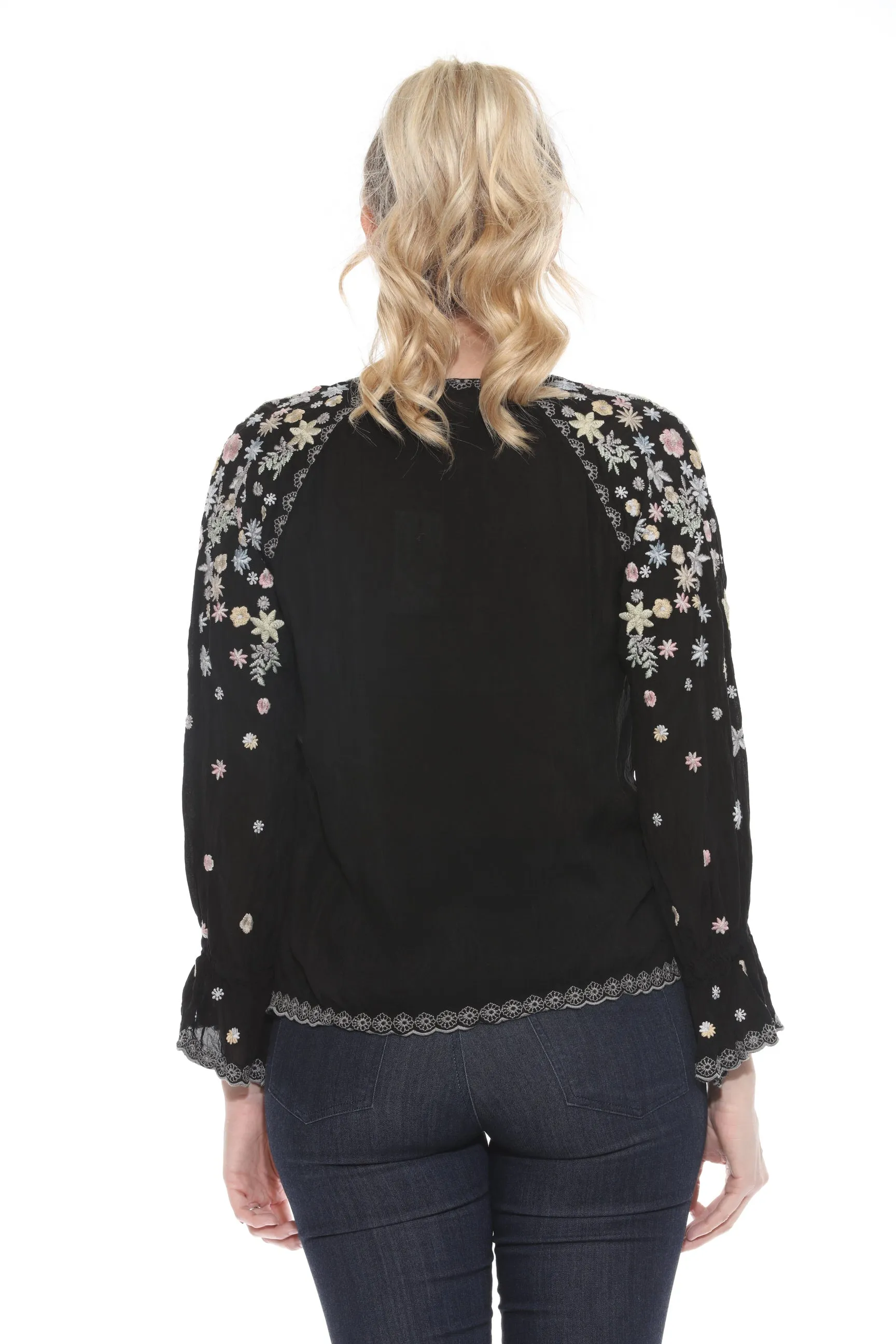Johnny Was Black Floral Embroidered Button Front Blouse JW1122