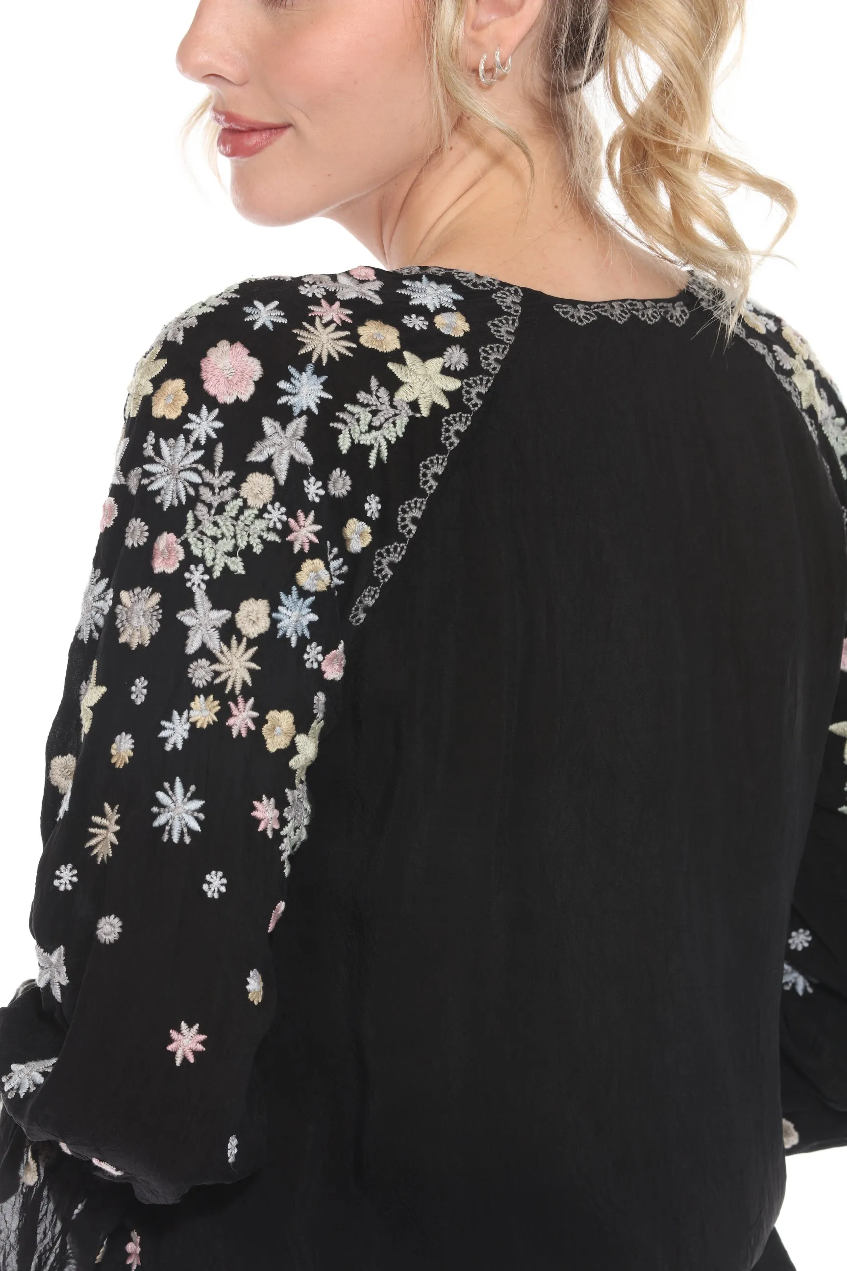 Johnny Was Black Floral Embroidered Button Front Blouse JW1122