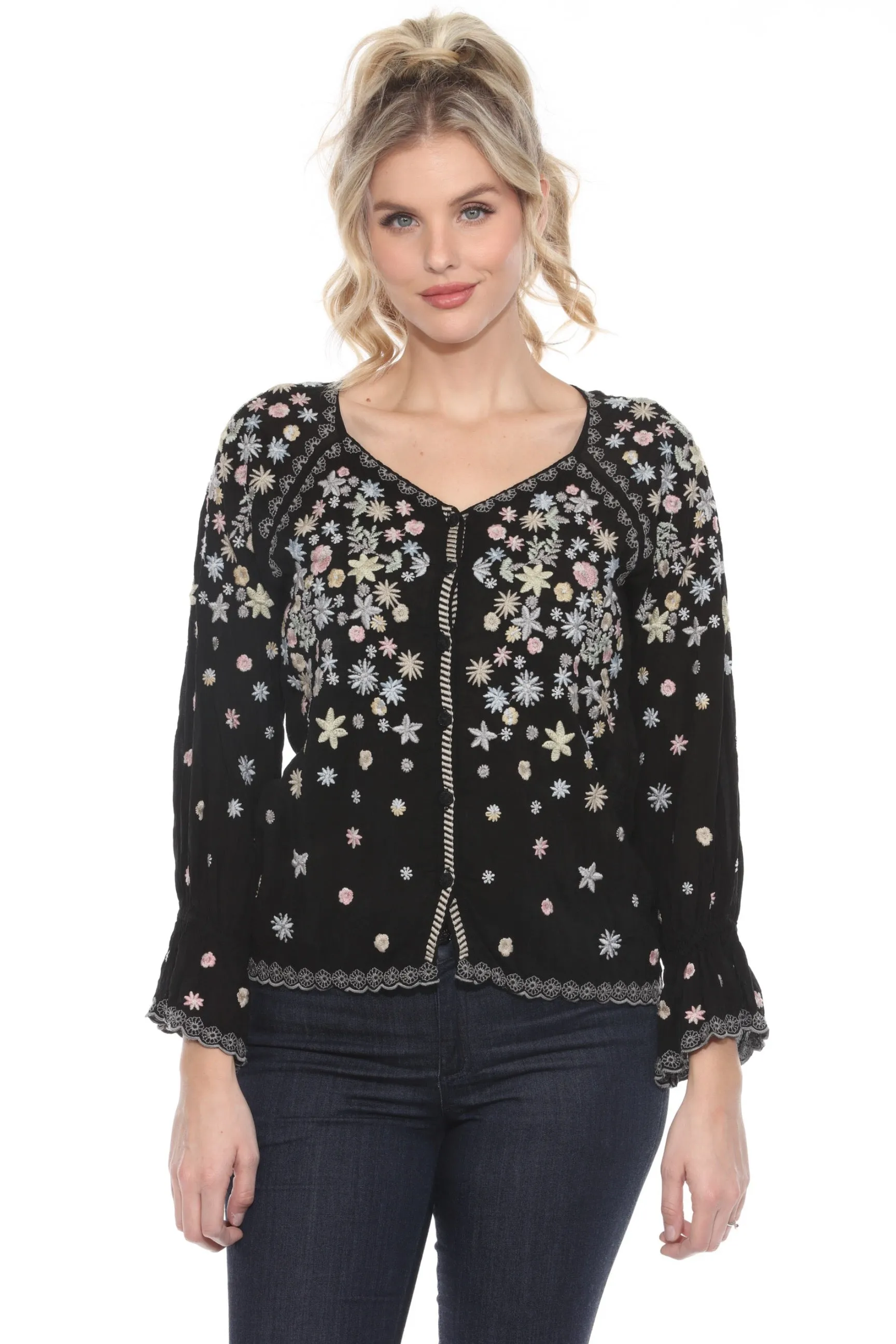 Johnny Was Black Floral Embroidered Button Front Blouse JW1122