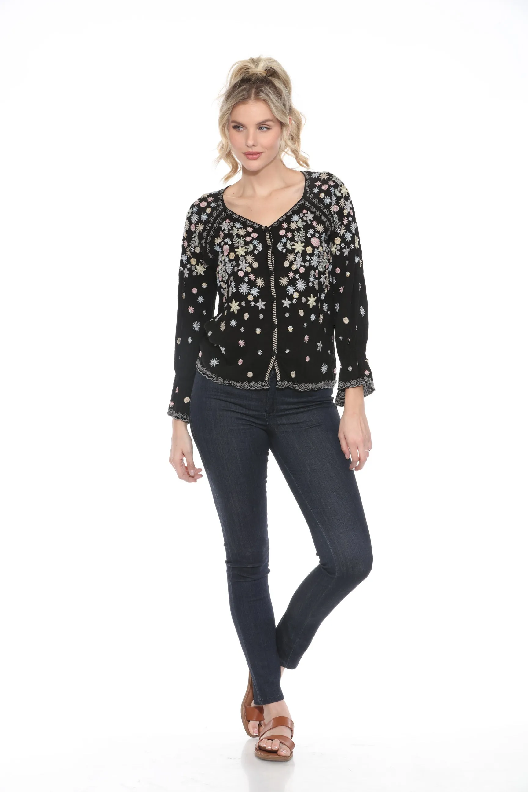 Johnny Was Black Floral Embroidered Button Front Blouse JW1122