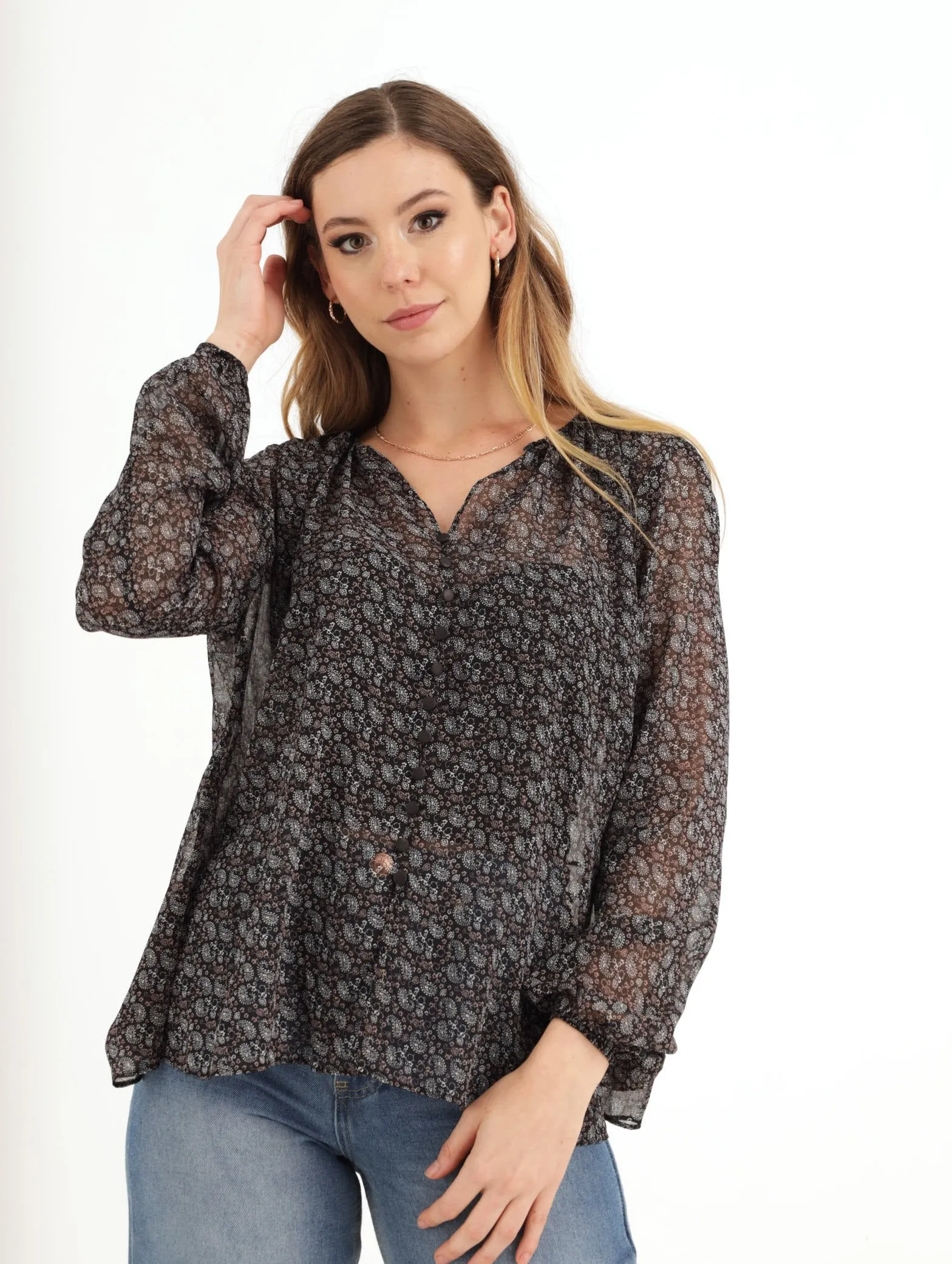 Ladies Lurex Paisley Button Down Top