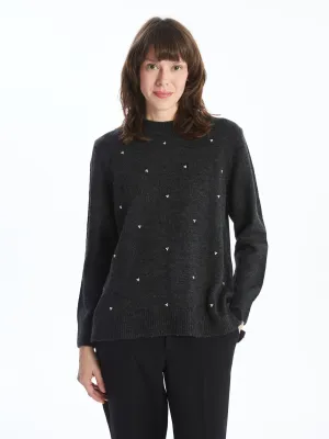 Lcwaikiki Basic Anthracite Crew Neck Embroidered Women'S Knitwear Sweater