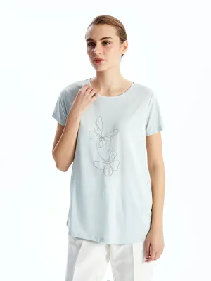 LCWAIKIKI Classic Gray Crew Neck Embroidered Women T-Shirt