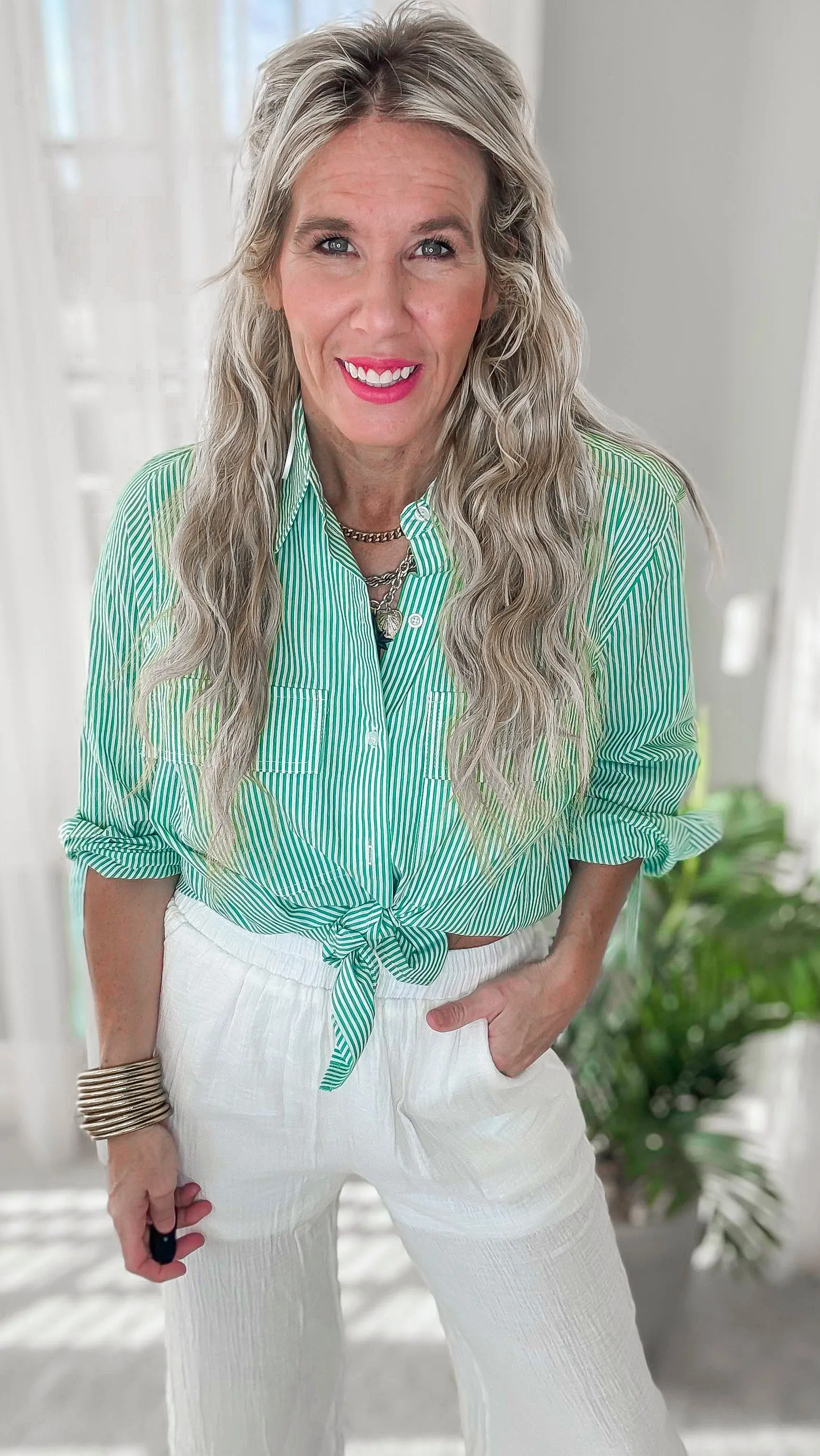 Light Green Stripe Button Down Utility Shirt