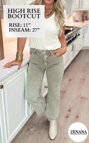Light Olive Acid Wash High Waisted Bootcut Denim Jeans | Zenana- Final Sale