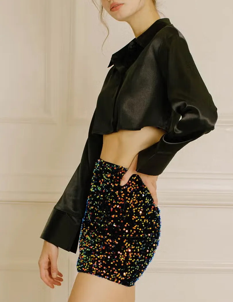Long Sleeve Satin Button Up Cropped Top