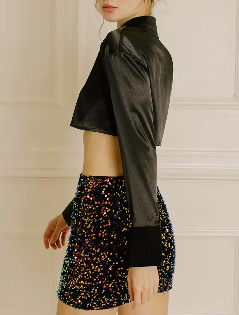 Long Sleeve Satin Button Up Cropped Top